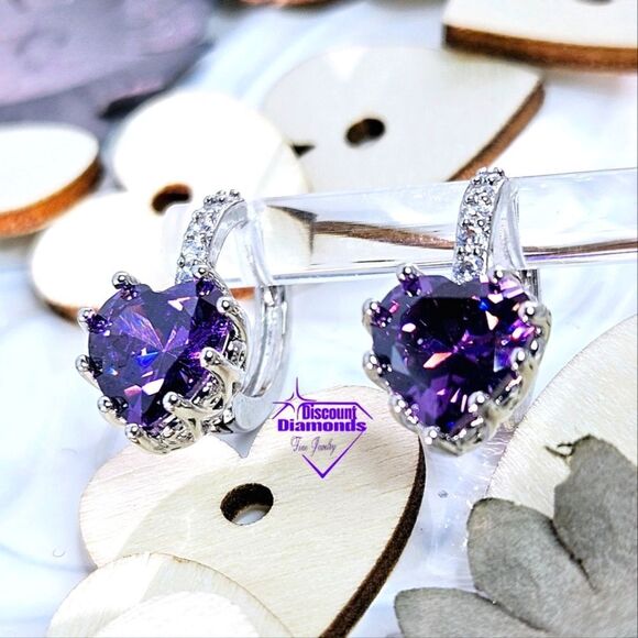 Purple Amethyst Dangle Earrings & White Baguette Diamonds on 925 Silver - Picture 8 of 9